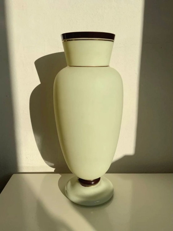 Image 1 of Antique Bohemian Art Nouveau Uranium Satin Glass Vase - Harrach - c. 1900