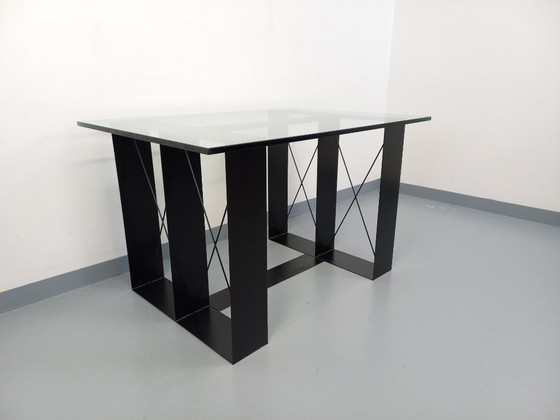 Image 1 of Vintage rectangular high table in glass and black metal from the 80s