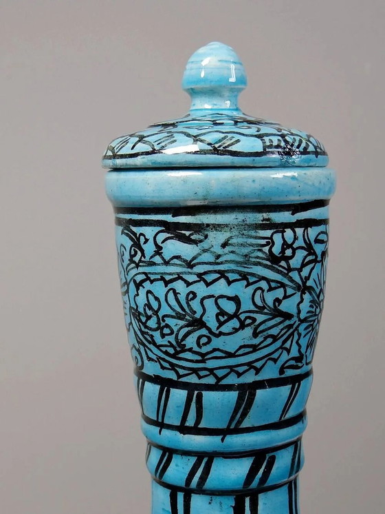 Covered vase or Persian jar, glazed Iznik pottery, vintage turquoise painted., Porcelain, Black (photo 10 of 16)