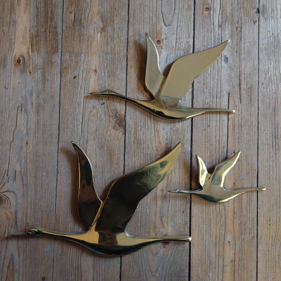 Set aus drei fliegenden Vögeln, Messing, Wanddekoration, Metall, Gold, Vintage (Foto 6 von 6)