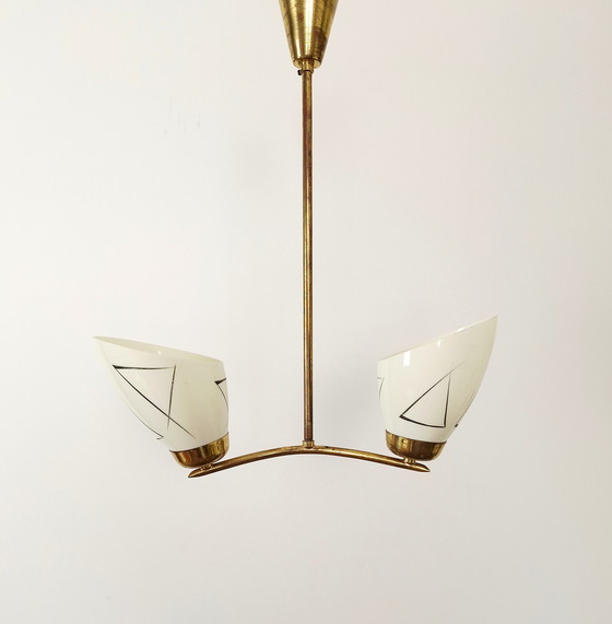 Image 1 of Beautiful art deco chandelier, vintage pendant light, ceiling light, two-arm chandelier, mid-century modern chandelier, Yugoslav