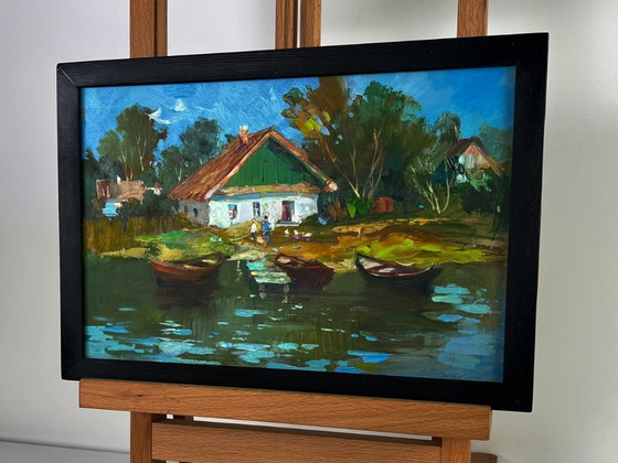 Image 1 of Origineel olieverfschilderij: Landelijk landschap, rivierboten bij het huis.