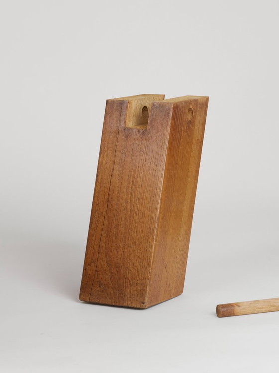 Image 1 of Vintage Brutalist round tripod coffee table in solid oak, circa 1960