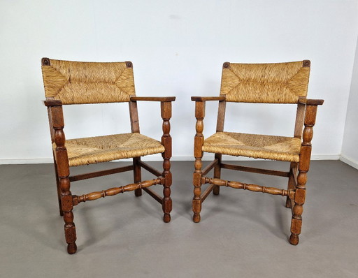 Vintage Franse Armleuningstoelen | Eiken en Riet