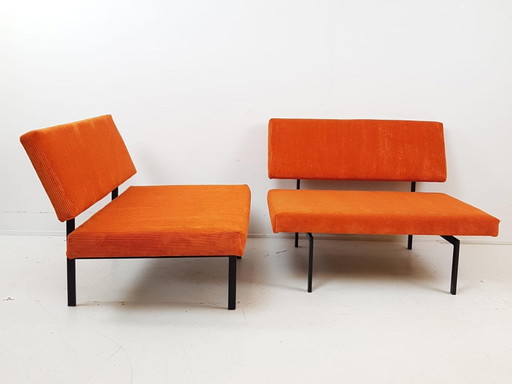 2 panche vintage Pastoe | Divanetti a due posti con nervature arancioni – fauteuils, Metal, Textile