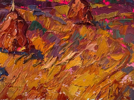 Image 1 of Original Oil Painting Autumn Nature Landscape Sunset Over The Field
