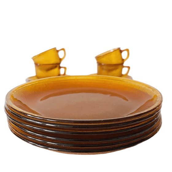 Image 1 of Set di servizio da colazione in vetro ambrato vintage anni '60