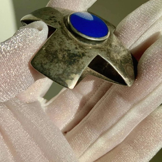 Image 1 of Antique Georg Jensen Era 1910-1925 Solid 925 Silver Maltese Cross Double Sided Lapis Lazuli & Onyx Hallmark GI