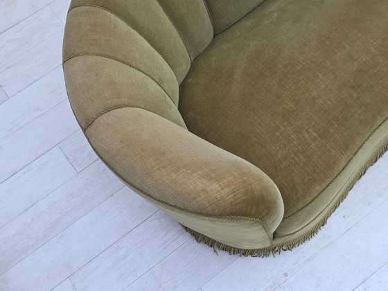 Image 1 of 1960s, Danish 2-seater "Banana" sofa, original green furniture velour.