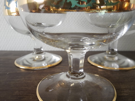 Image 1 of Prachtige 60's vintage brandy whisky whiskey cognac glazen met bladgouden randen en blauwe details