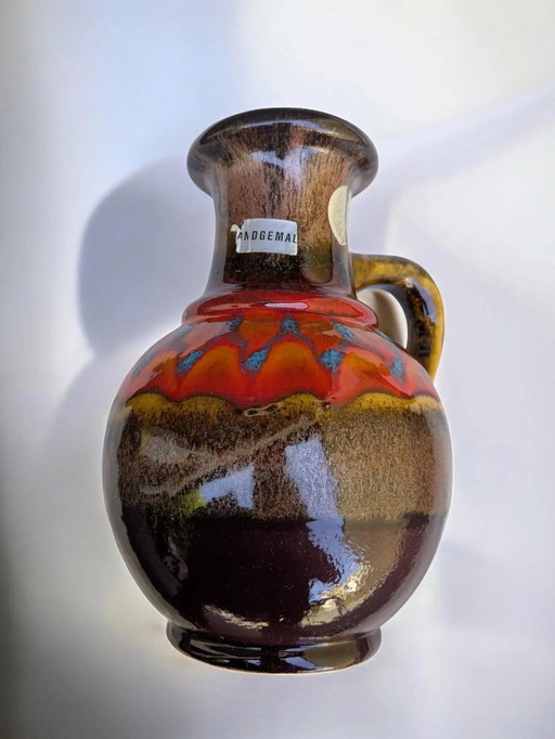 Vintage Mid-Century Krug, handbemalt, Braune Keramik mit roter & blauer Glasur, West Germany Stil, 60er Jahre Modellnr. 334-19