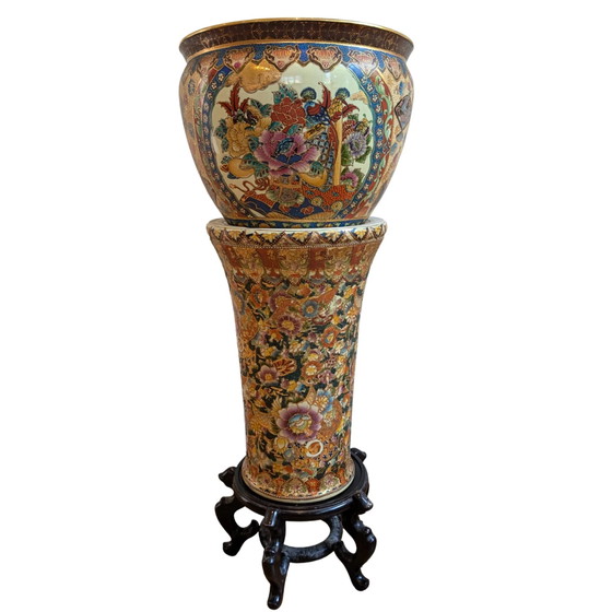 Jardinière Satsuma japonaise antique sur piédestal – Période Meiji Taisho – ca. 1890–1920 – Porte-plantes (photo 5 of 7)