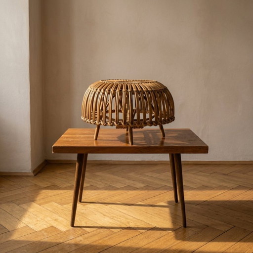 Ottoman Mid-Century Woven Rattan Stool by Franco Albini, 1950s, Italy, 50 × 50 × 30 cm – krukjes