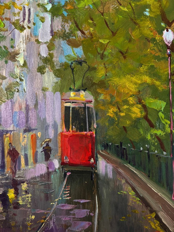 Image 1 of Original Oil Painting Autumn Street Landscape City Tram Slides Along The Tracks