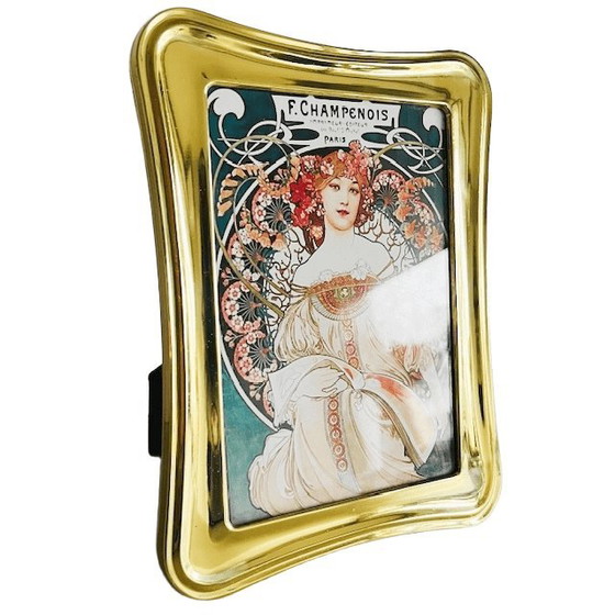 Image 1 of Dipinto vintage Art Nouveau di Alphonse Mucha Cornice in ottone Champenois degli anni '60