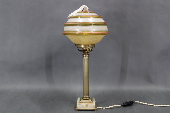 Image 1 of 1940s Restored Brass Table Lamp with Marble Base and Glass Shade