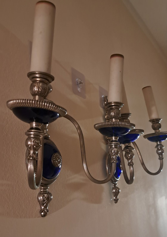 Image 1 of Französische Jugendstil-Wandlampen aus kobaltblauem Glas – 1940er, 2er Set