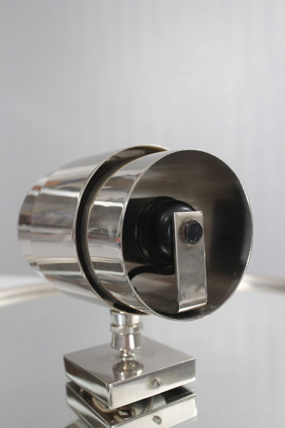Image 1 of Vintage modernistische Art Deco spiegel en wandlampen, vernikkeld staal, jaren 1950
