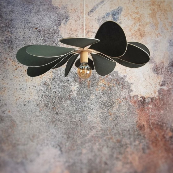 Image 1 of Flower suspension, Vent de Pétales model, 12 petals in rattan and fabric (customizable shade)