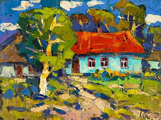 Image 1 of Original Oil Painting Day Village Landscape Village under summer