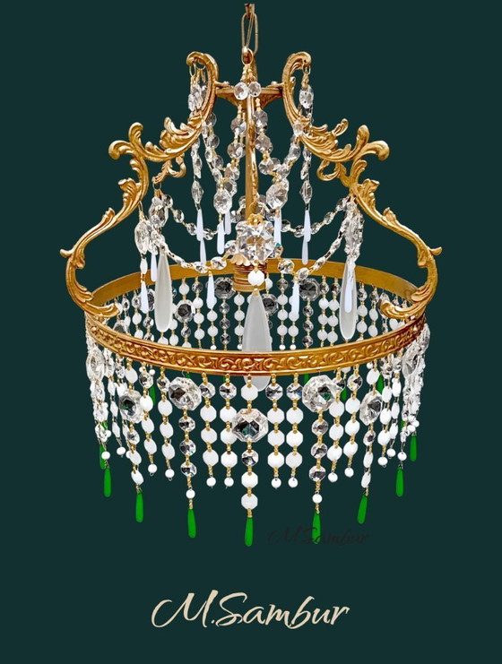 Image 1 of Kroonluchter met wit melkglas en authentiek kristal.