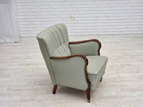 Image 1 of Deense fauteuil uit de jaren 60, lichtblauwe meubelstof, beukenhout.