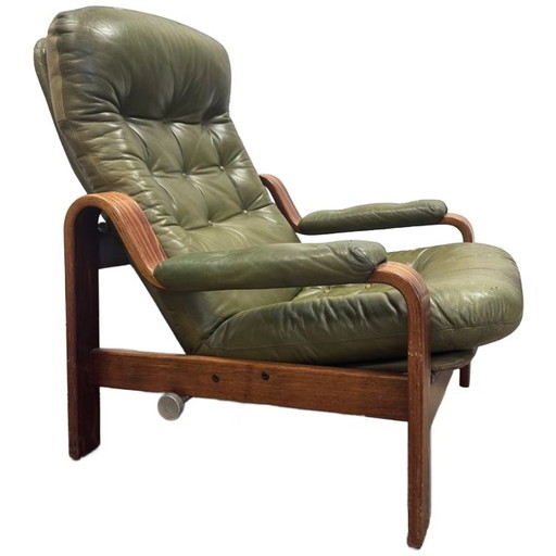 Sillón Relax Vintage Años 70 de Göte Möbler en Cuero Verde Oliva