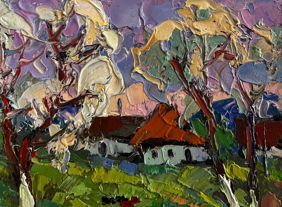 Image 1 of Original Oil Painting Day Village Landscape Spring scent of nature