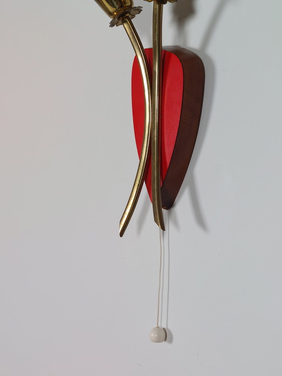 Image 1 of Lampada da parete vintage di metà secolo, lampada a borsa, vetro, ottone, decorazione floreale