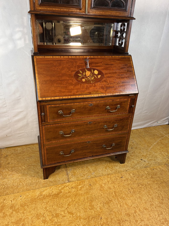 Image 1 of Antiek Edwardiaans Bureau met Ingelegd Bloemendetail - Begin 20e Eeuw Elegantie tijdloos raffinement met