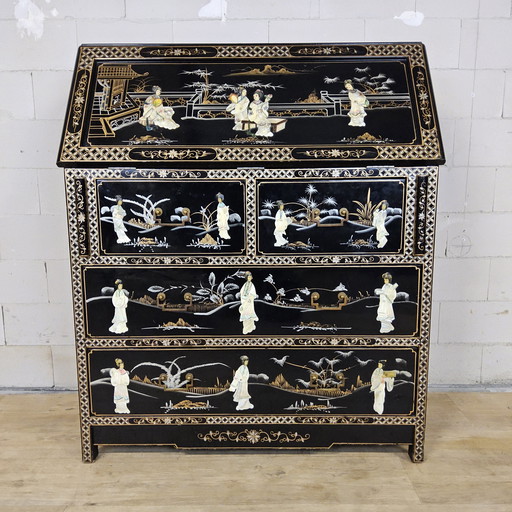 Vintage chinesischer Lacksekretär/Schreibtisch mit Perlmutt-Einlage / Böhmischer/Orientalischer Schrank