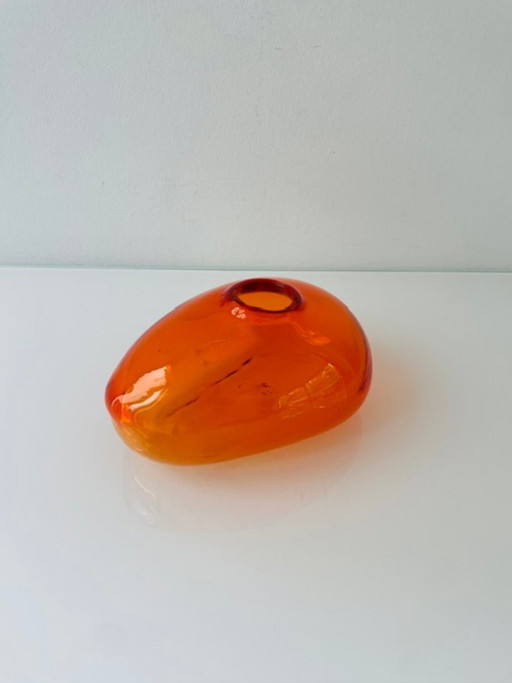 Mouth-blown orange glass vase, organic shape