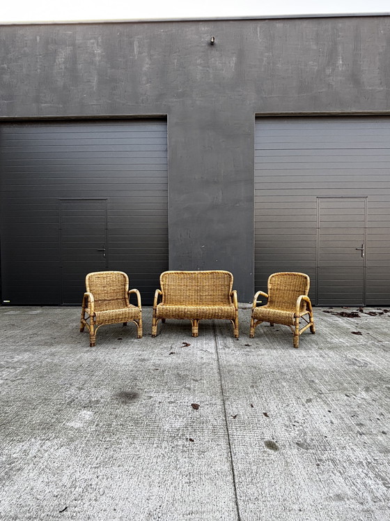 Image 1 of Vintage rotan tuinset – bank, 2 fauteuils en salontafel (jaren 70) 