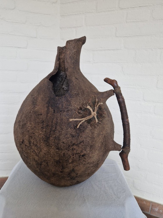 Image 1 of Large Wabi Sabi Paper Mache Vase with Wooden Handle | 43cm Handmade Sculptural Vessel | Rustic Organic Modern Home Decor