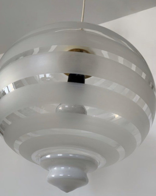 Lampadario a globo in vetro satinato a coste, anni '70 – kroonluchters, Glass (photo 2 of 5)