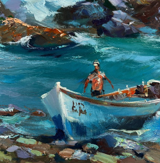 Image 1 of Original Oil Painting Coastal Waves Landscape Seagulls soaring over the endless sea