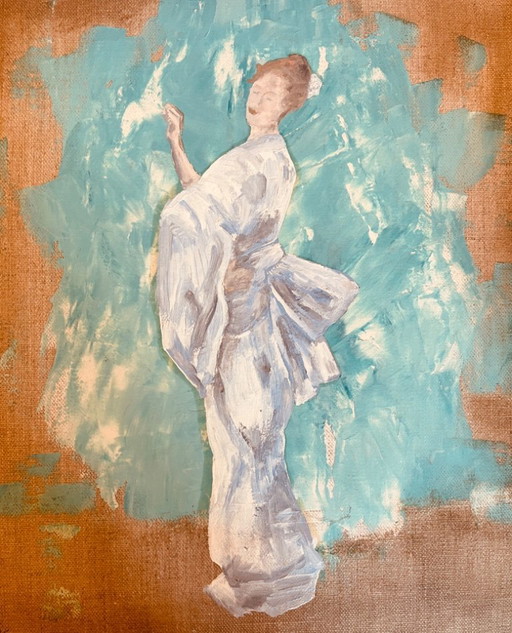 Signed oil painting on canvas, female portrait "Geisha Blues"