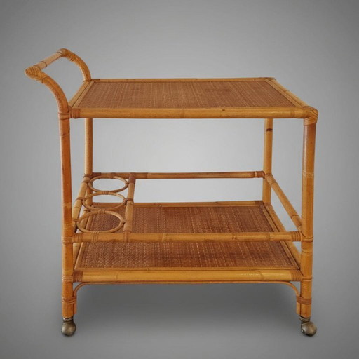 1960s Italian Mid-Century Modern Bamboo & Rattan Bar Cart. Made in Italy