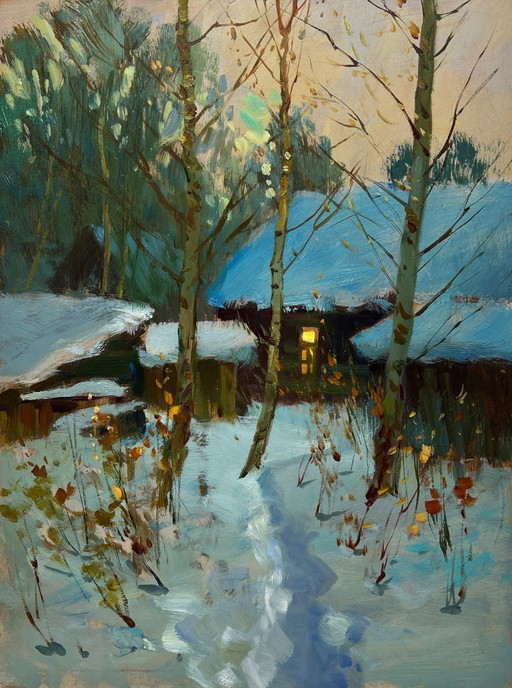 Pintura al óleo original: Paisaje de un pueblo nevado disfrutando de la puesta de sol invernal.