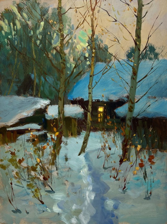 Image 1 of Original Oil Painting Snow Village Landscape Enjoying the winter sunset