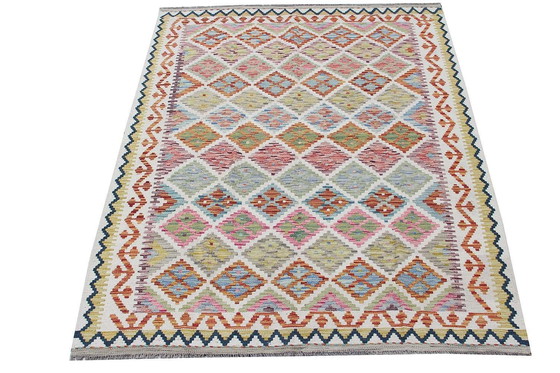Image 1 of Kilim afghan tissé à la main - 198 x 154 cm - Nouveau & 100% laine - Motifs de losanges multicolores