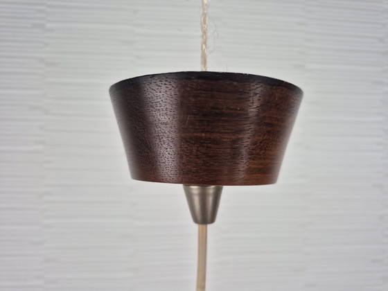 Image 1 of Mid-century pendant lamp in teak and embossed glass. Vintage lamp.