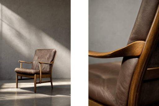 Vintage Deense moderne beuken- en bruinleren fauteuil uit het midden van de eeuw van Farstrup Møbler, jaren 70