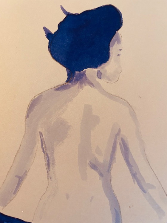 Image 1 of Monochrome Watercolor Indigo Blue Portrait of a Woman "Japan Denim"
