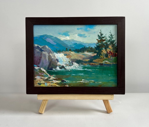 Original Oil Painting Summer Mountains Landscape There is a waterfall in the mountains