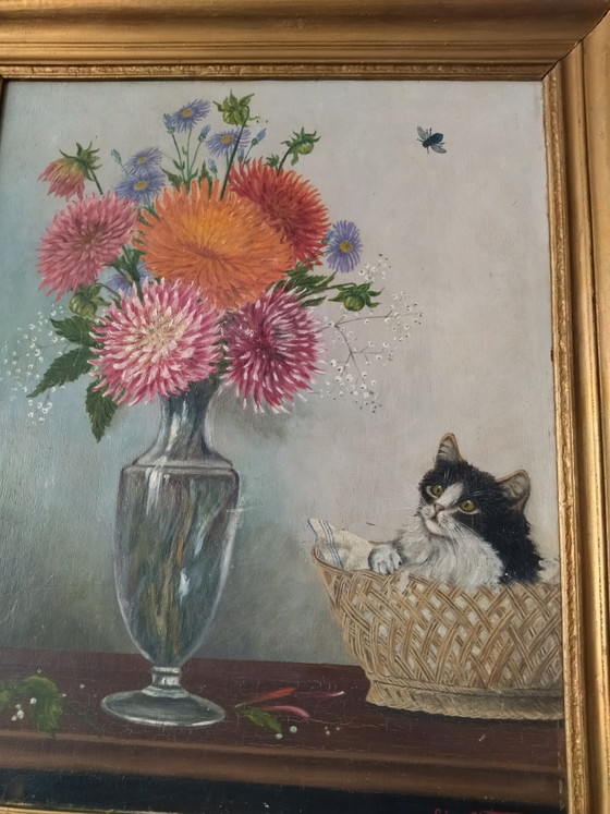 Antique Painting on Panel - Kitten and Flowers - Signed Léon Chevalier – Leon Chevalier, Paintings & Drawings (photo 7 of 10)
