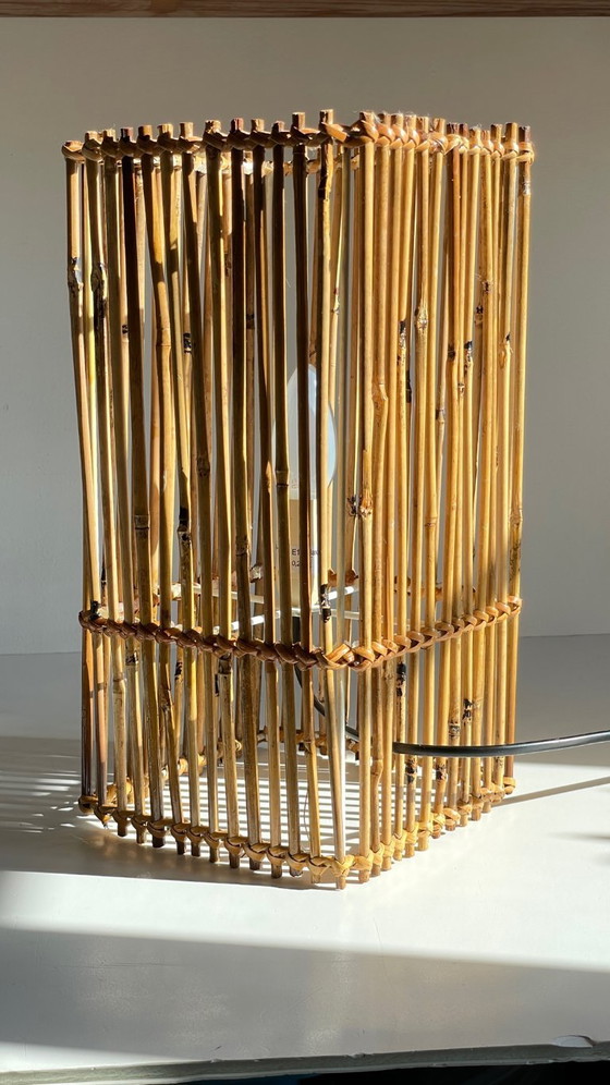 Image 1 of Vintage Wicker Wood Cube Lamp