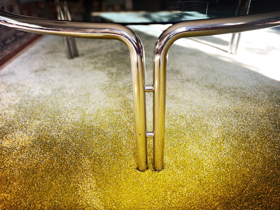 Tavolino da caffè rotondo vintage - Vetro fumé - Anni '70 - Space Age, ÅTMØS, Tavolini da caffè, Cromo, Grigio (foto 4 di 5)