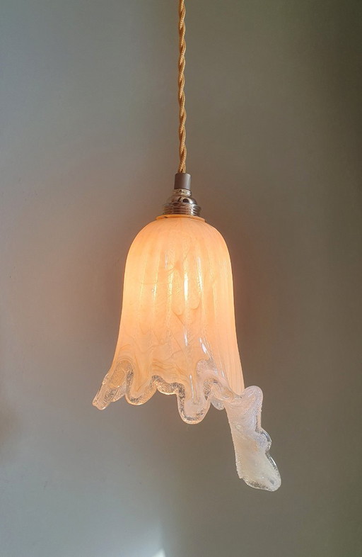 Vintage pendant lamp made of amber-colored Murano glass with lots of texture