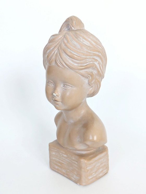 Image 1 of Vintage Young Girl Bust on Pedestal, After Salvatore Melani, Glazed Plaster Terracotta Patina, Signed